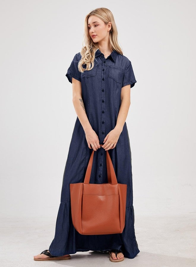 utcoco Womens Short Sleeve Denim Maxi Dress Casual Loose Fit Button Down Long Jean Dresses (X-Large, Dark Blue) - Image 2